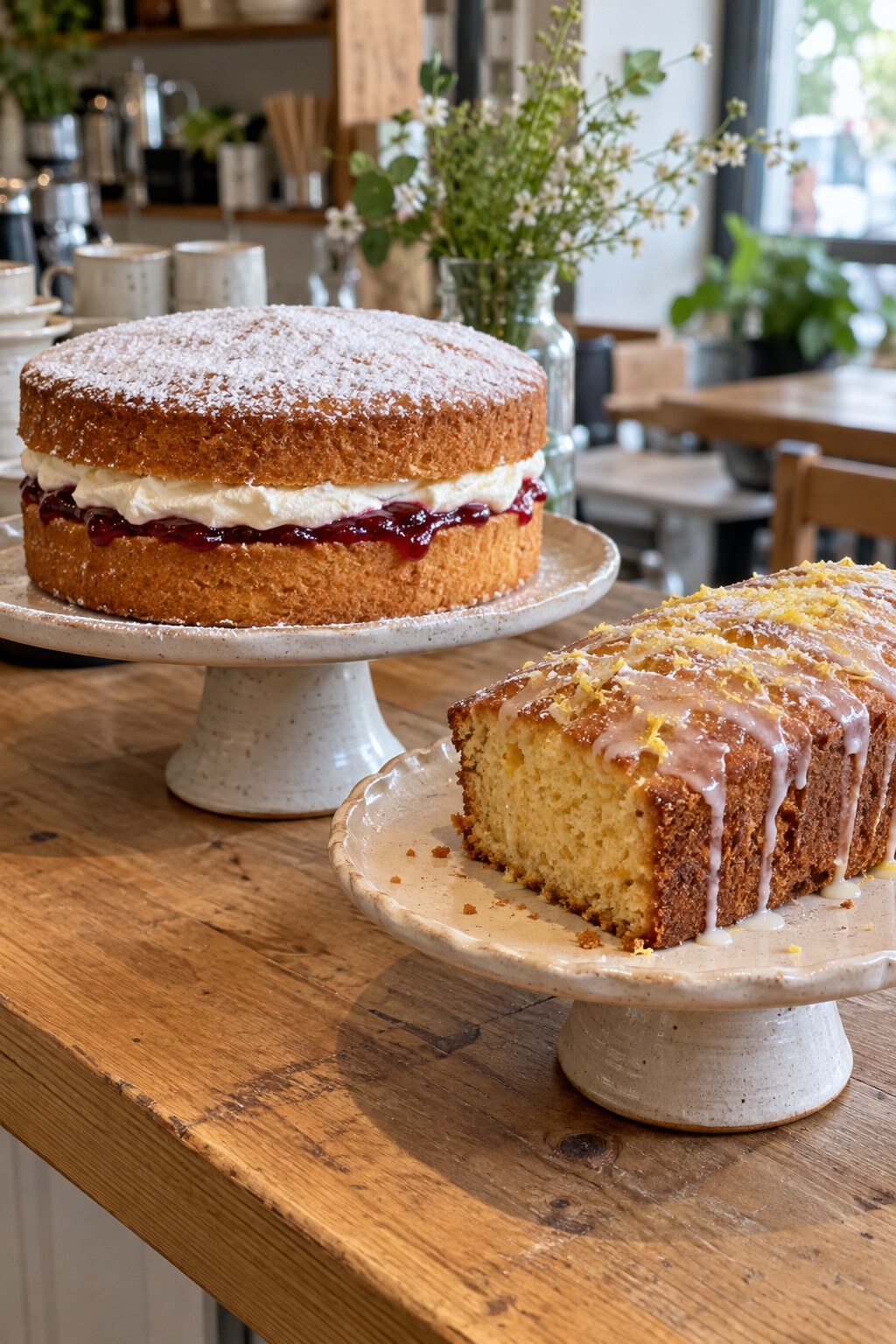 Home-baked cakes on cake stands — lemon drizzle and a tall Victoria sponge.