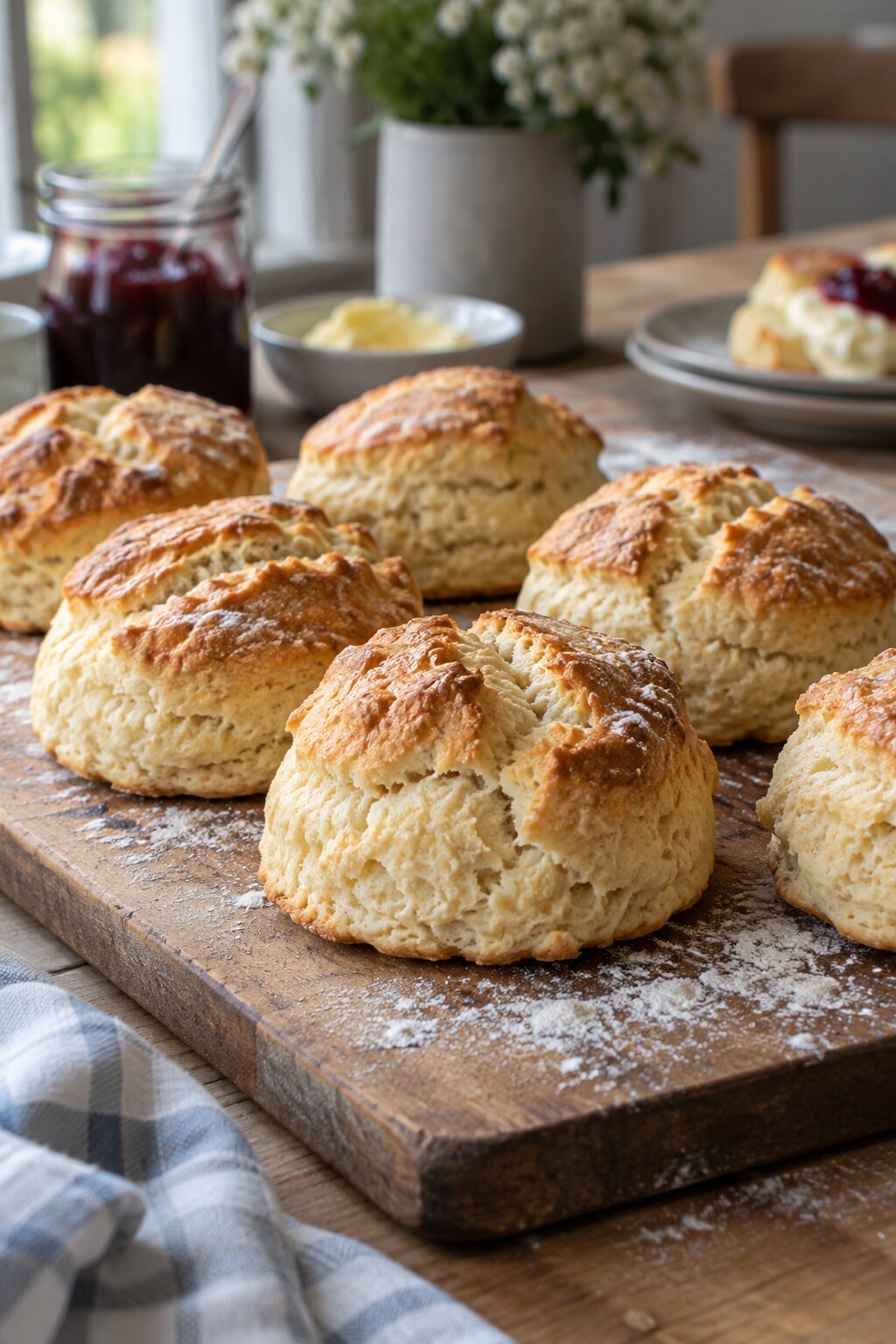A tray of warm, golden scones fresh from the oven on a floured wooden board.