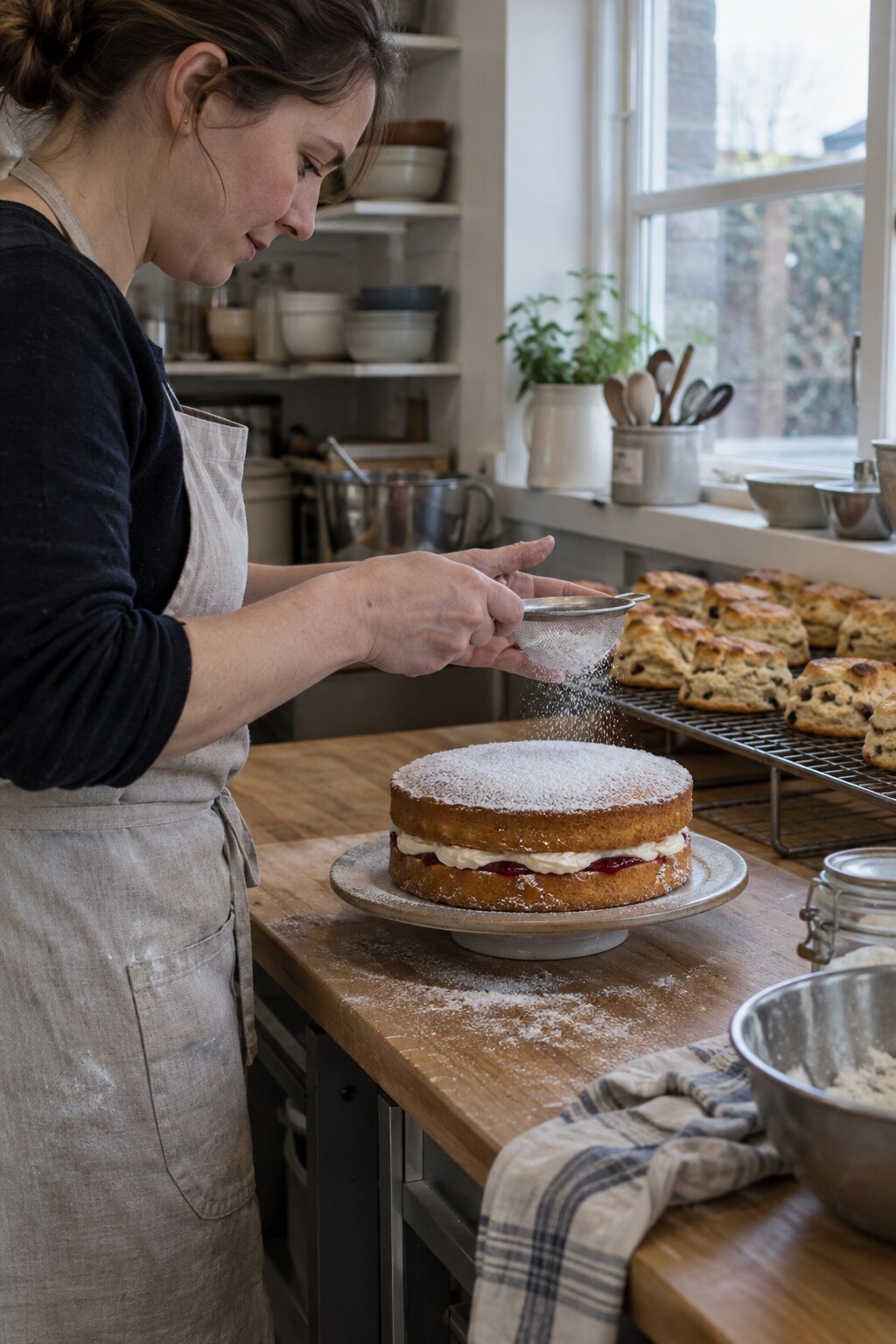 A baker dusting a fresh Victoria sponge with icing sugar in the café kitchen at dawn.