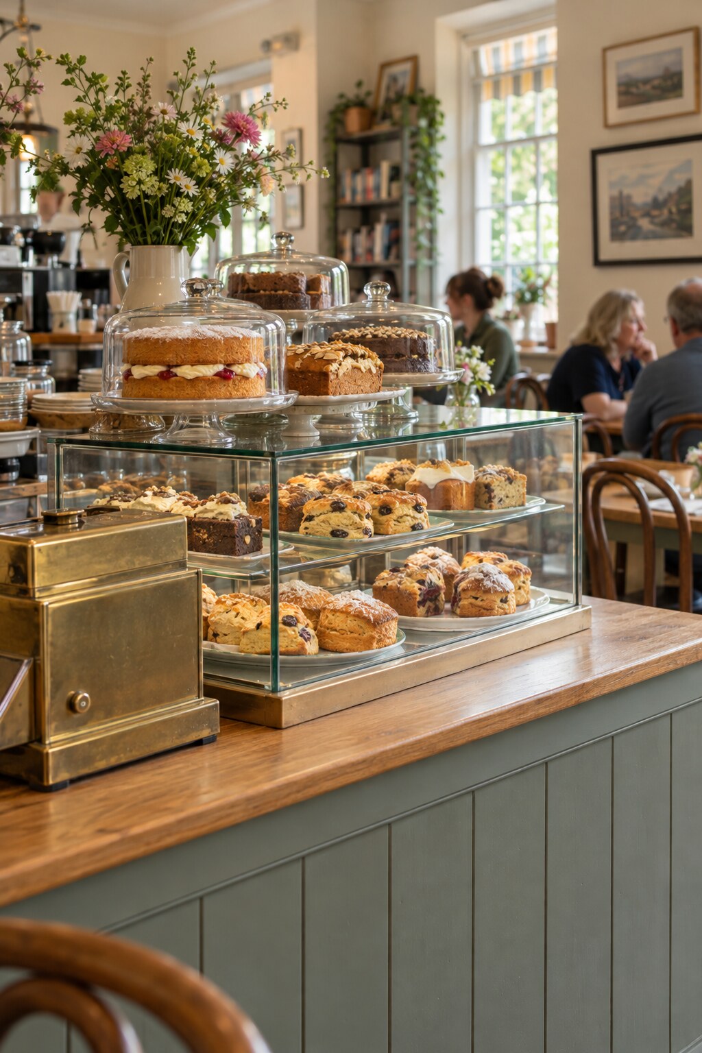 A wooden café counter lined with cakes under glass domes and a brass till.