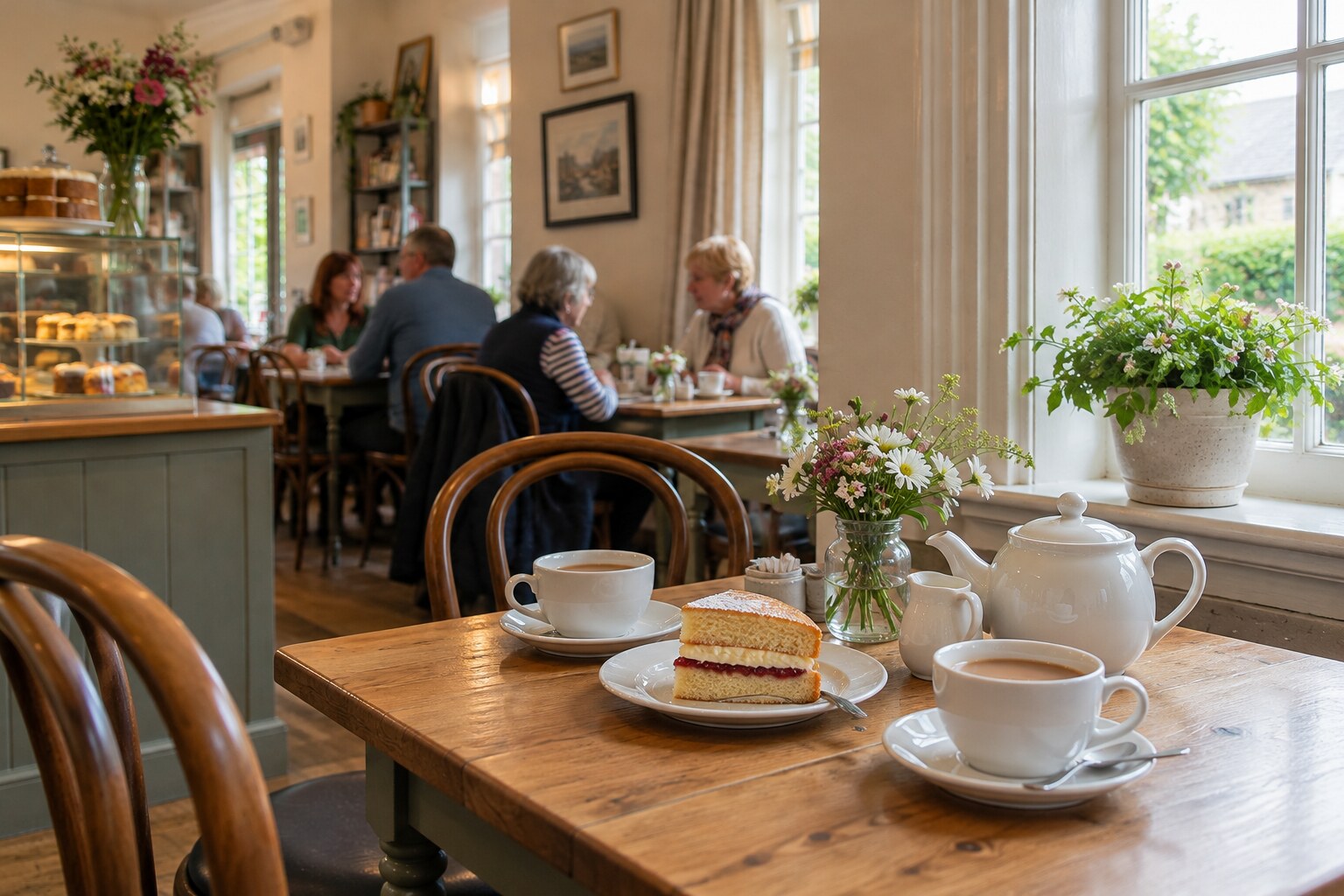 A window table set with a teapot, two cups and a slice of cake.