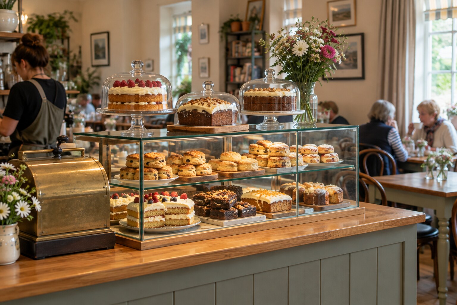 The café's cake counter with scones, sponge and a brass till.