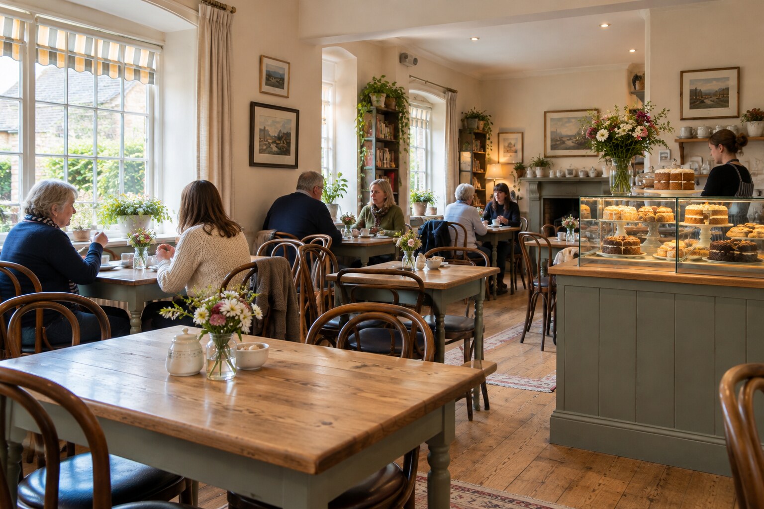 Inside Royal Cafe Westminster, looking across wooden tables towards the cake counter.