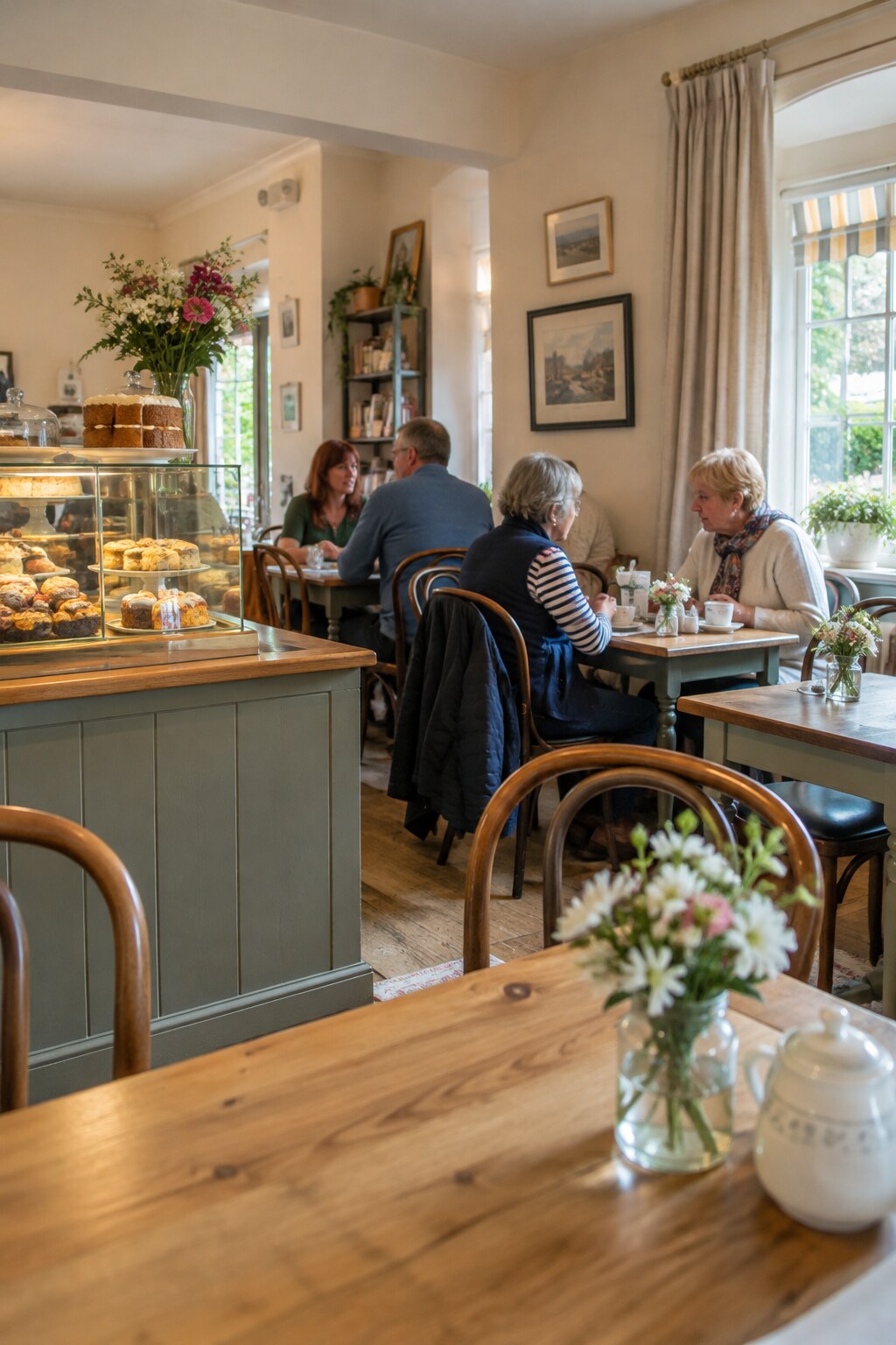 The warm interior of Royal Cafe Westminster with wooden tables, bentwood chairs and soft daylight.